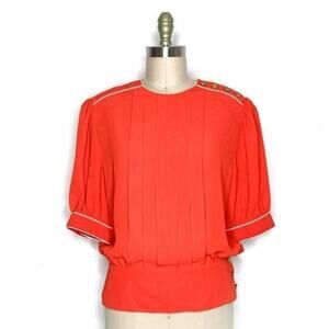 VINTAGE 80s {Josephine} Red Nautical Brass Button Puff Sleeve Blouse Large